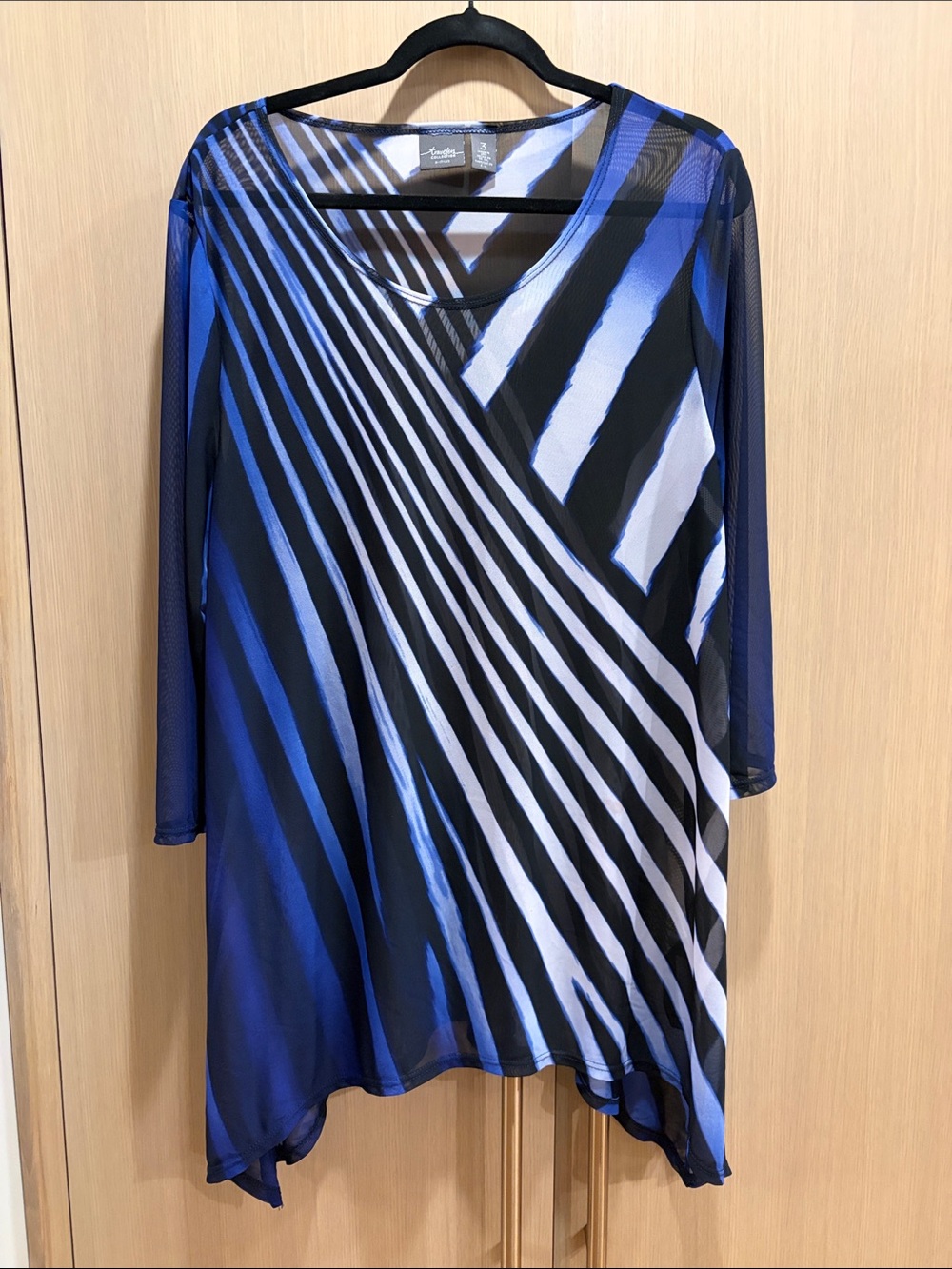 Chico's Blue Black White Striped Asymmetrical Mesh Top